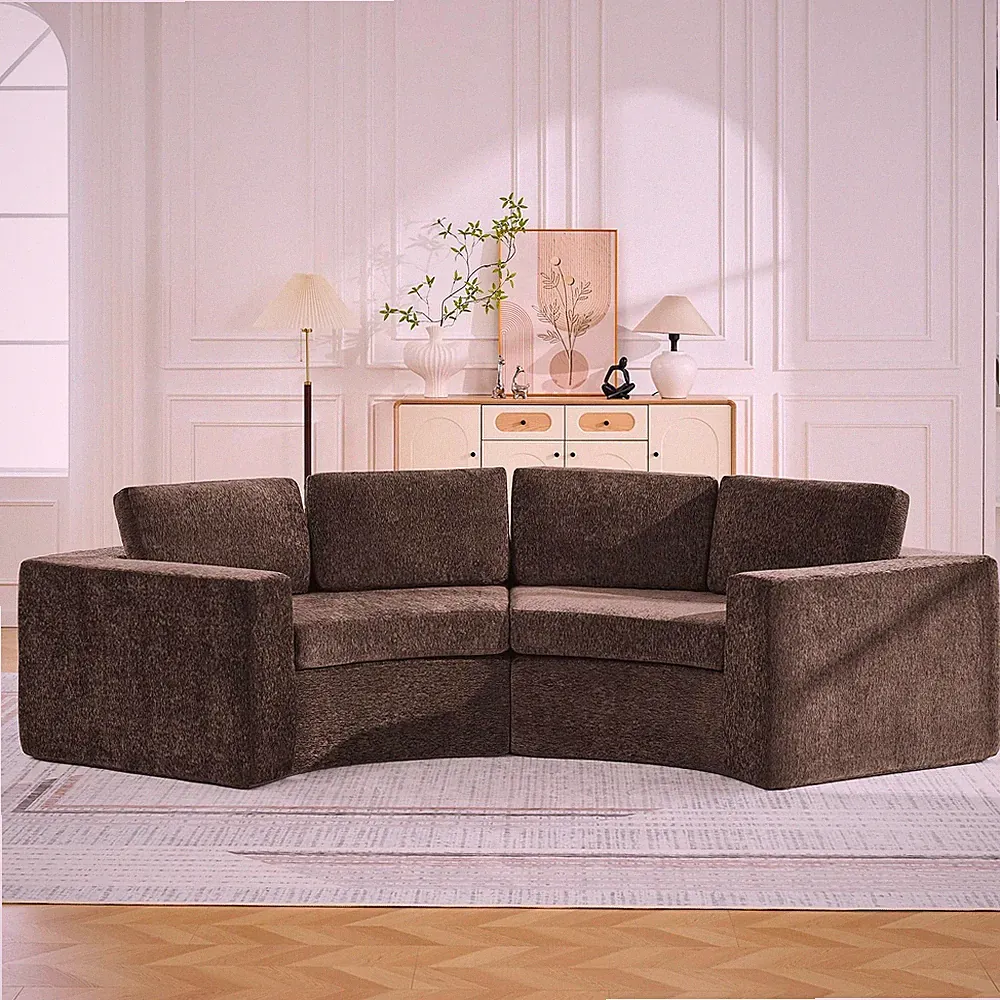 119" Curved Sectional Sofa Memory Foam Chenille Deep Seat 4 Seat Couch Brown