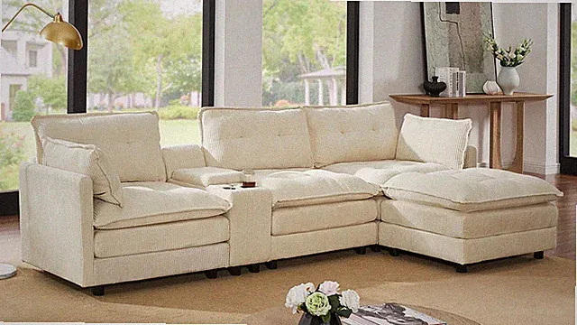 119-Inch L-Shaped Modular Sectional Sofa with Console and Ottoman Beige