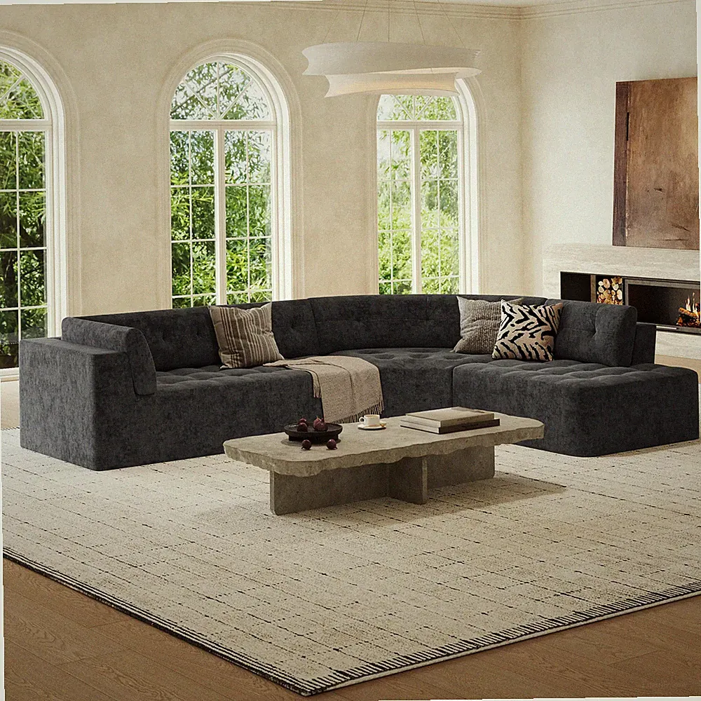 119-Inch Right-Hand Facing Corner Sectional Sofa with Tufted Design Grey