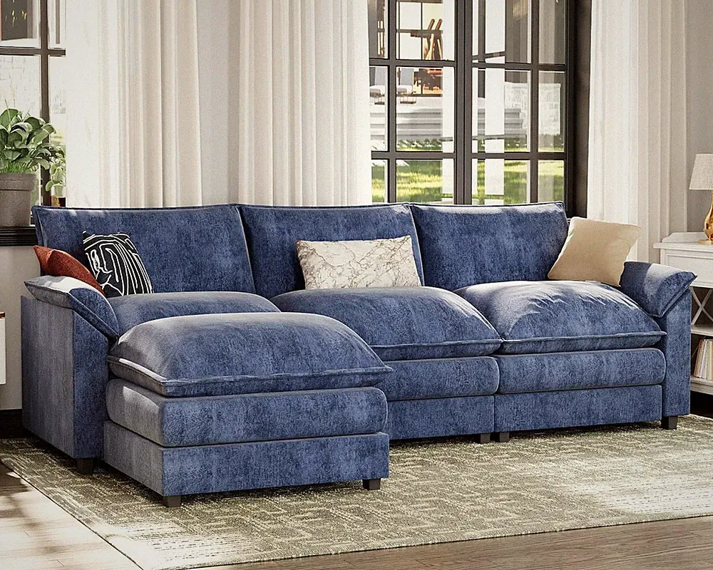 119 L-Shape Sectional Sofa Cloud Couch Ottoman Chenille Sleeper Metal Frame Blue