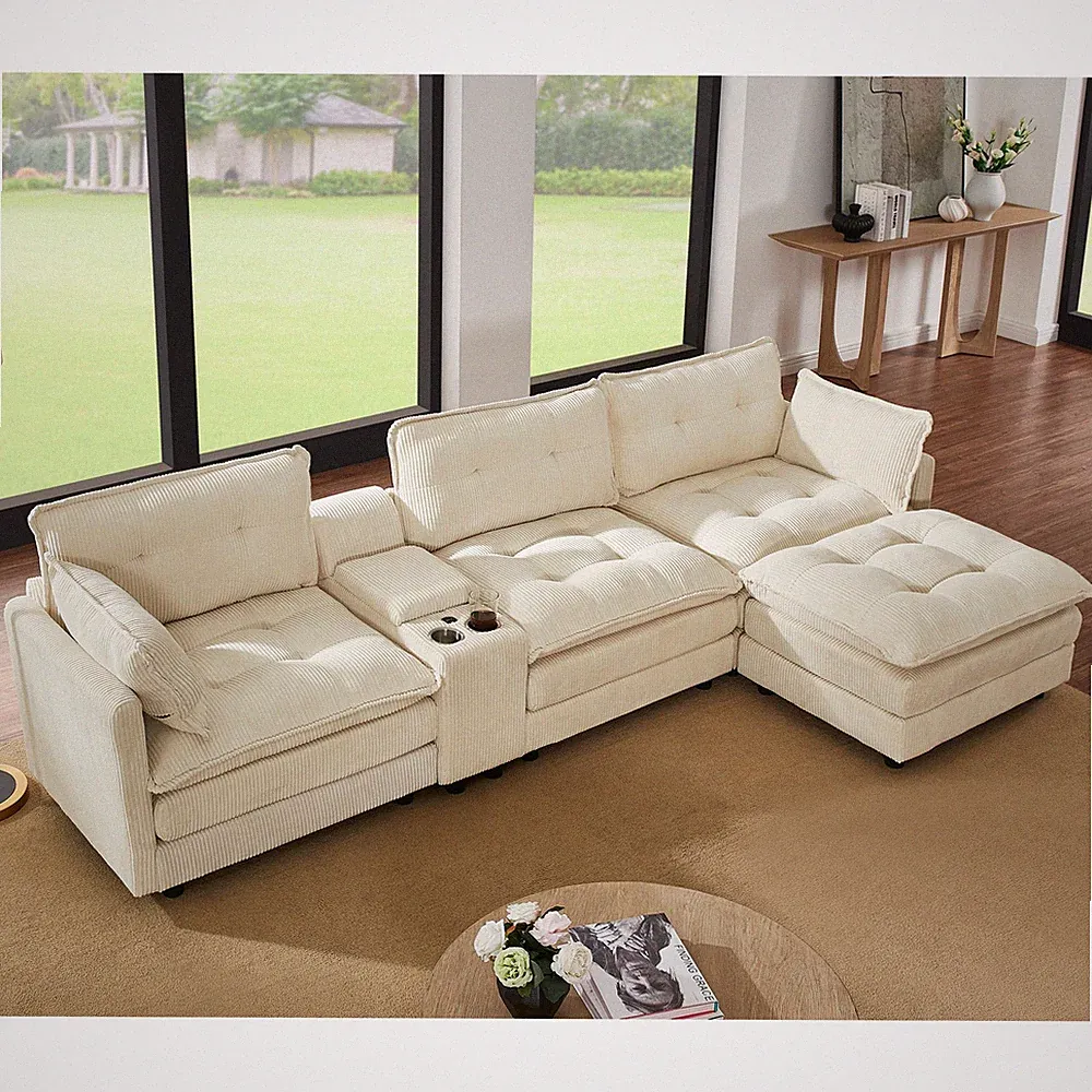 119" L-Shaped Oversized Sofa Couch Corduroy Modular Sectional Sofa w/Ottoman