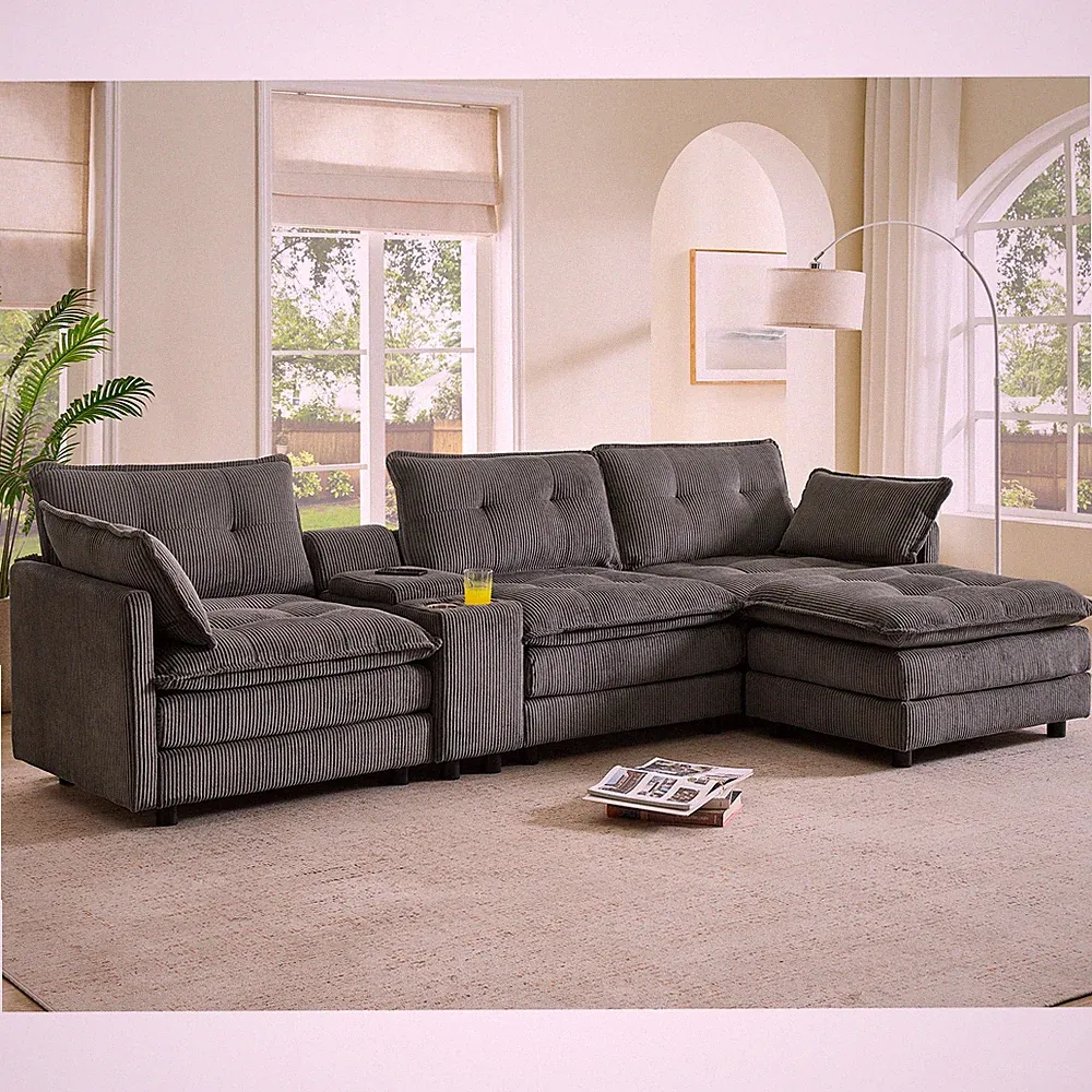 119" L-Shaped Oversized Sofa Couch Corduroy Modular Sectional Sofa w/Ottoman