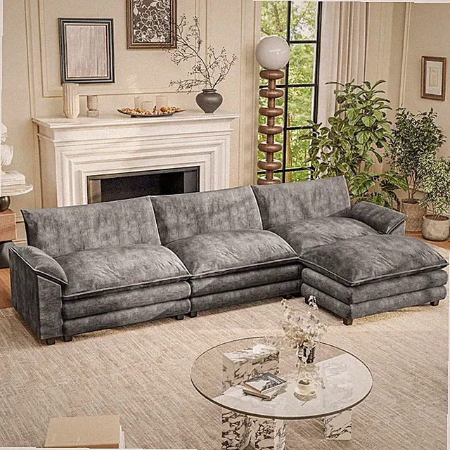119" Modular Couch 3-Seat Sofa with Reversible Ottoman, Cloud Couch L Shaped Sof