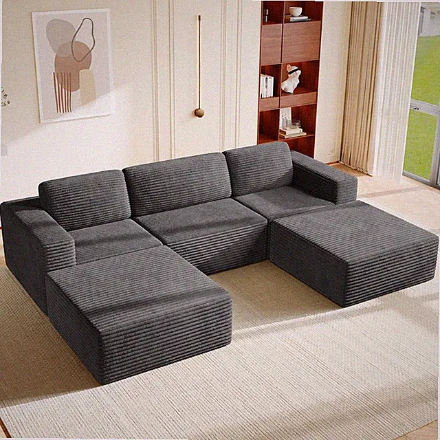119" U-Shaped Modular Sectional Sofa Corduroy Cloud Deep Seat 2 Ottomans Grey