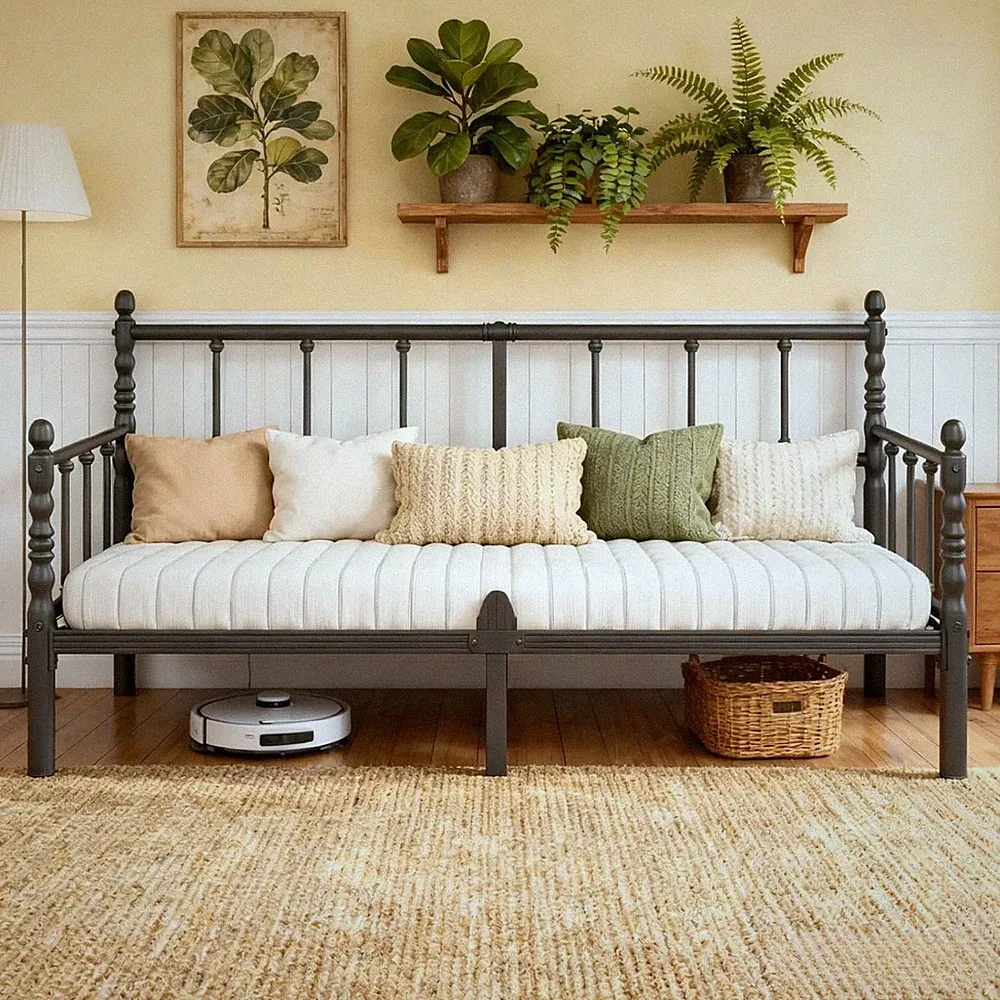 12 Inch Twin Metal Daybed Frame with Headboard, Sofa Bed for Living Room, Vintag