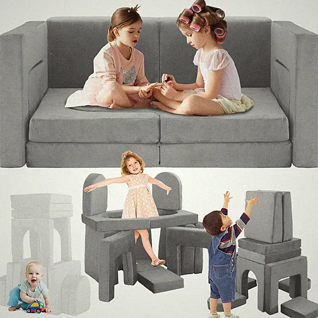 12 PCS Modular Kids Play Couch, DIY Convertible Foam Play Sofa, Toddler Building