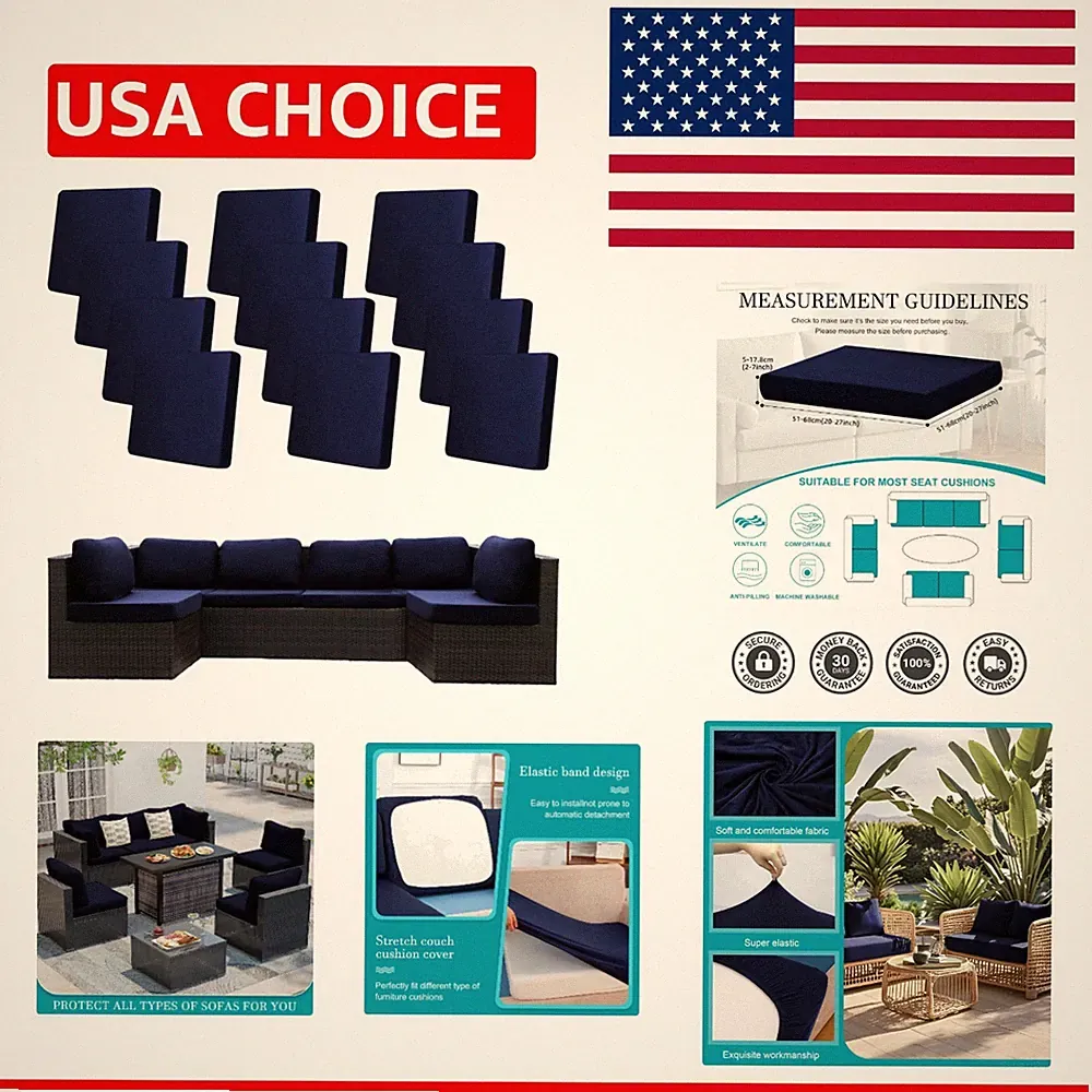 12 Pcs Navy Blue Stretch Outdoor Cushion Covers - Washable & Elastic Protection