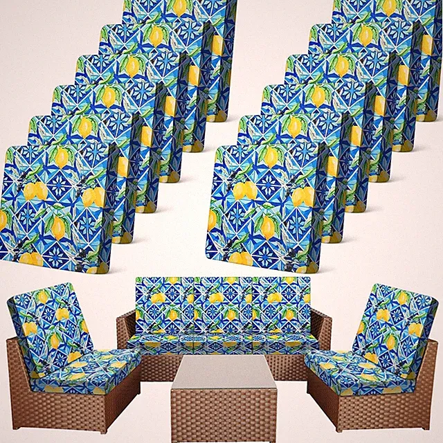 12 Pcs Outdoor Stretch Sofa Cushion Covers - Washable Blue & Yellow Lemon