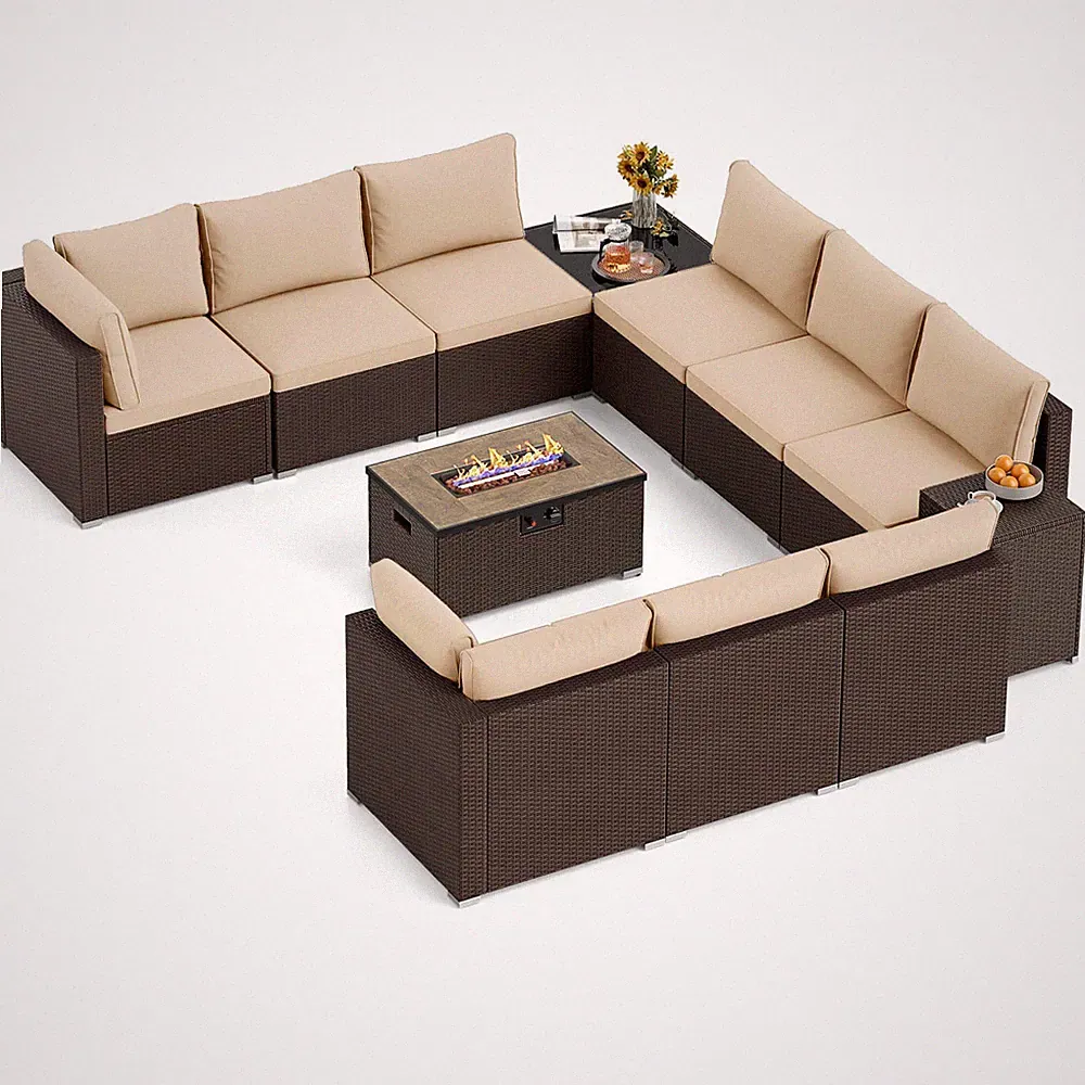 12 PCS Patio Wicker Sectional Sofa Set w/ 32” Propane Fire Pit Table Tank Holder