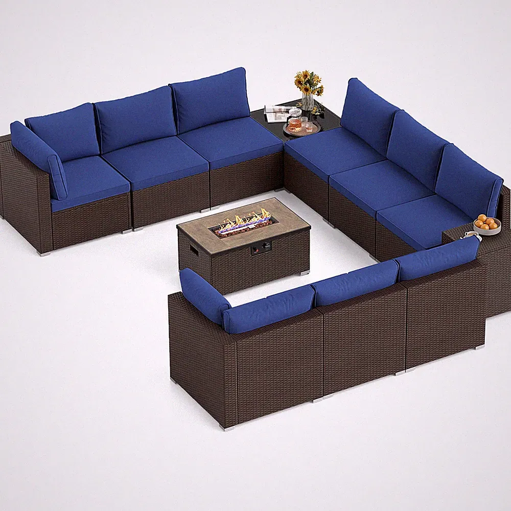 12 PCS Patio Wicker Sectional Sofa Set w/ 32” Propane Fire Pit Table Tank Holder