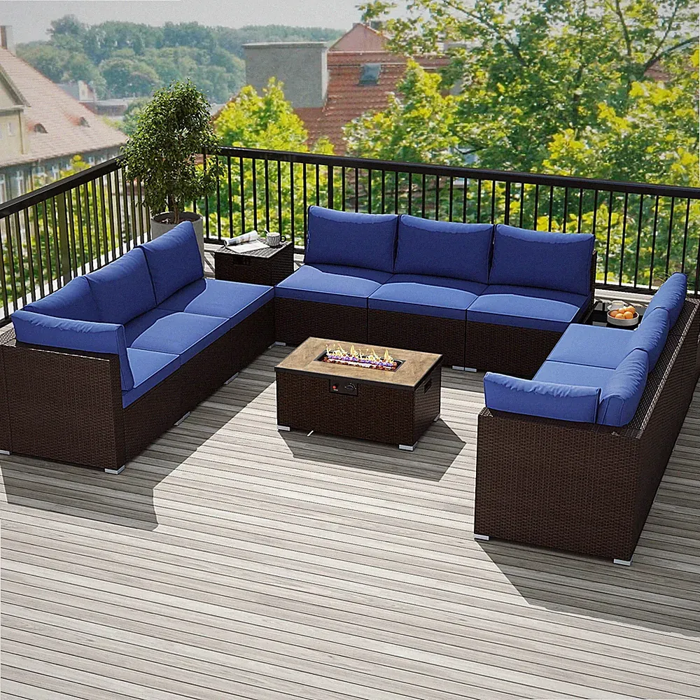 12 PCS Patio Wicker Sectional Sofa Set w/ 32" Propane Fire Pit Table Tank Holder