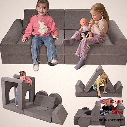 12-Piece Modular Kids Play Couch – Premium Soft Foam, Removable Cover, Grey