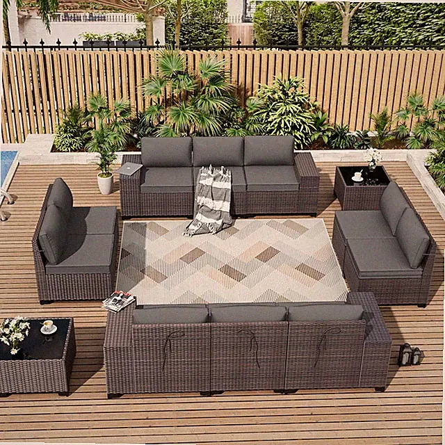 12 Pieces Outdoor Patio Furniture Set Sectional Sofa Sets Brown PE Rattan Patio