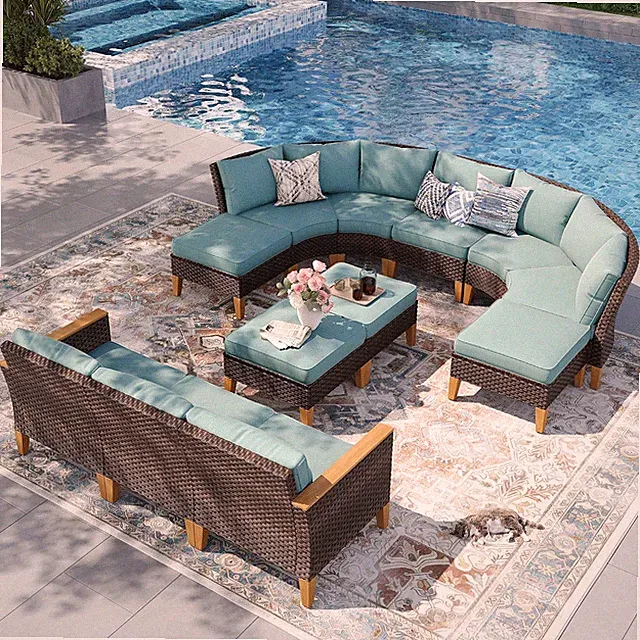 12 Pieces Wicker Patio Sectional Sofa Set, Half Moon, Aqua Blue