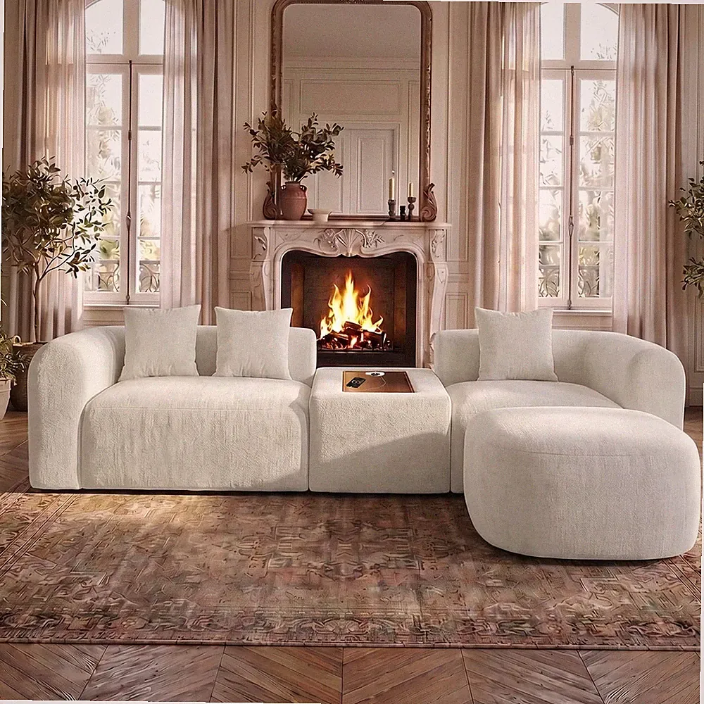 120" Boneless Curved Modular Sectional Sofa with USB Port, Beige