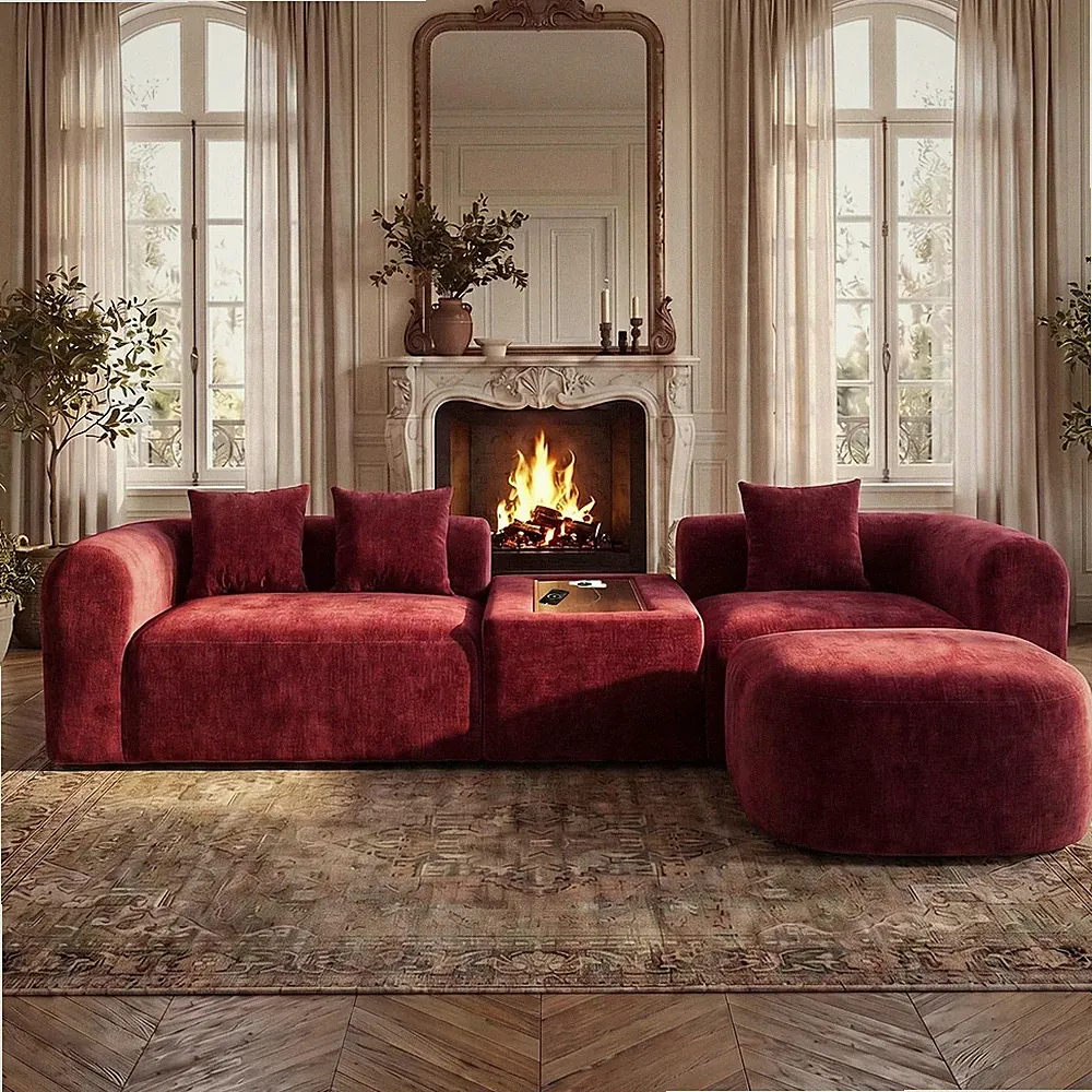 120" Boneless Curved Modular Sectional Sofa with USB Port, Red
