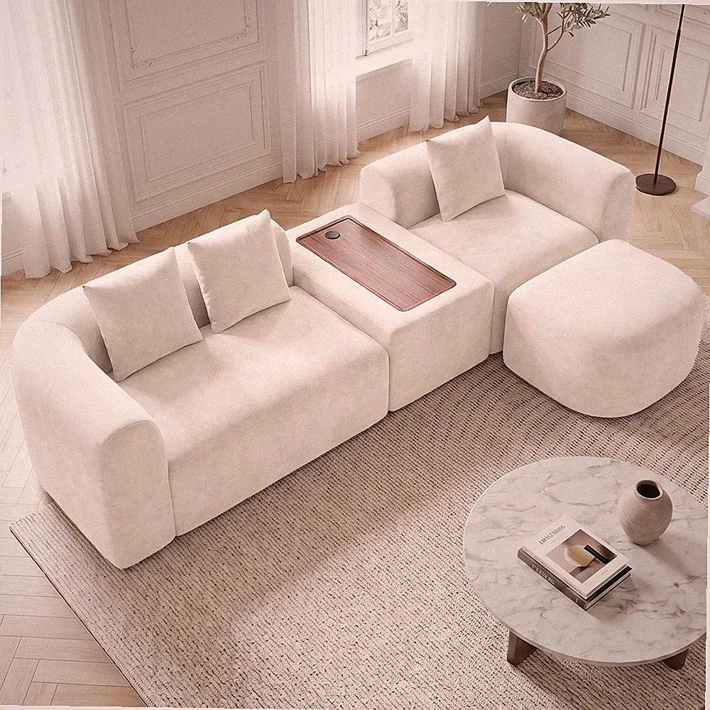 120" Curved Cloud Sofa L Shaped Sectional Couch with Table, Cream White