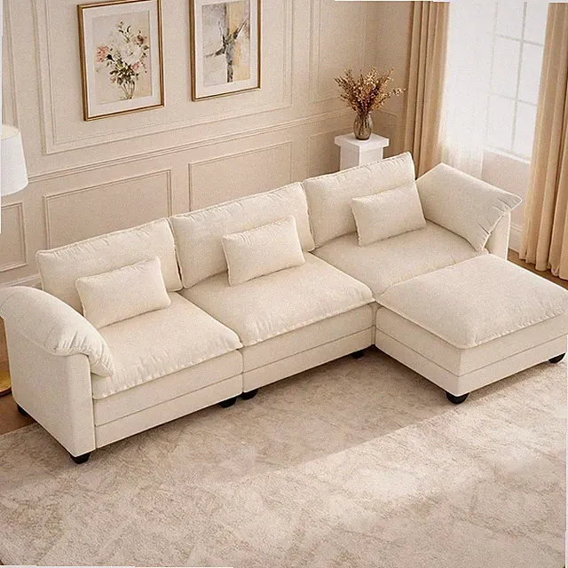 120" L-Shaped Sectional Sofa with Ottoman & Pillows, Beige