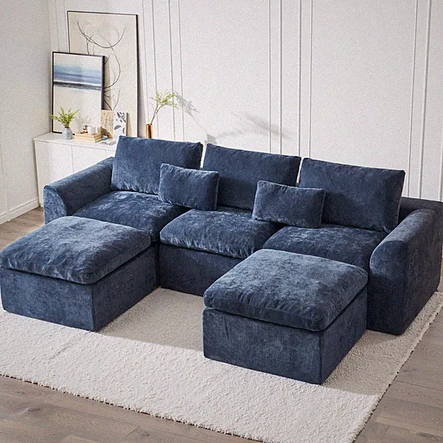120" Modular U Shaped Cloud Couch 5-Seater Chenille Sofa with 2 Movable Ottomans
