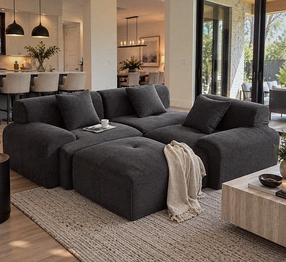 120” Oversized Modular Sectional Sofa Corduroy Couch w/ Chaise Dark Gray
