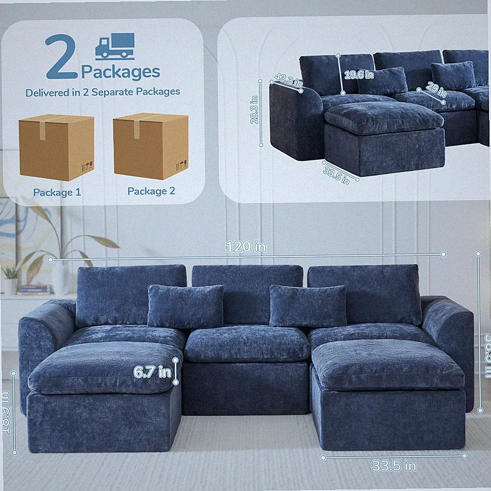 120" U‑Shaped Cloud Couch 5‑Seater Chenille Modular Sectional Sofa w/ 2 Ottomans