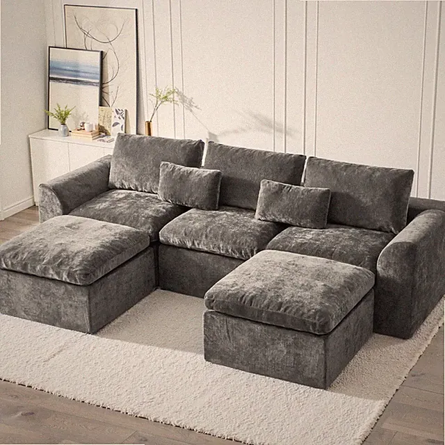 120" U-Shaped Modular Cloud Sofa 5-Seater Chenille Couch w/2 Movable Ottomans