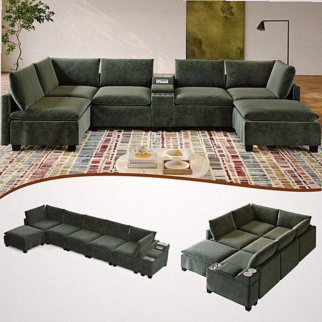 121.2" Modular U-Shaped Cloud Sectional Sofa w/Movable Ottoman,Chenille Converti