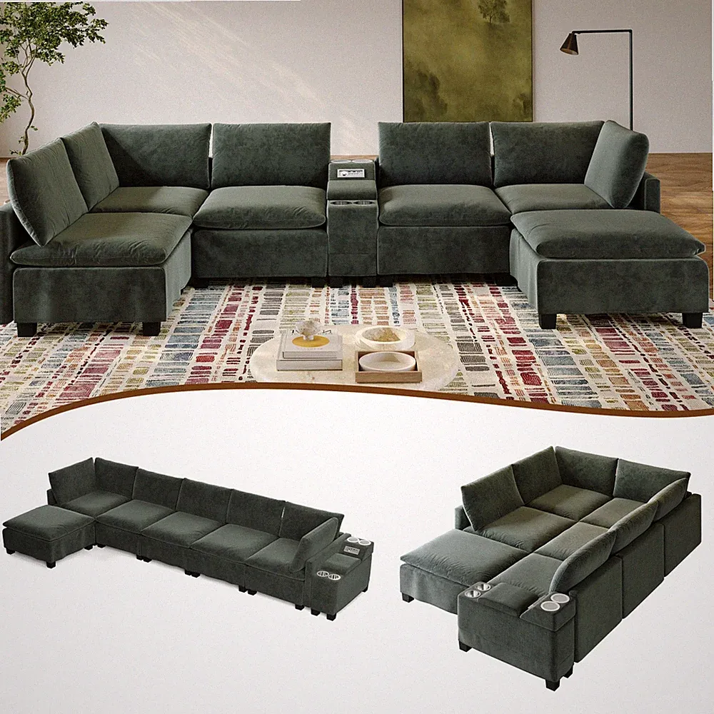 121.2" U-Shaped Modular Cloud Sectional Sofa Bed with Ottoman Green