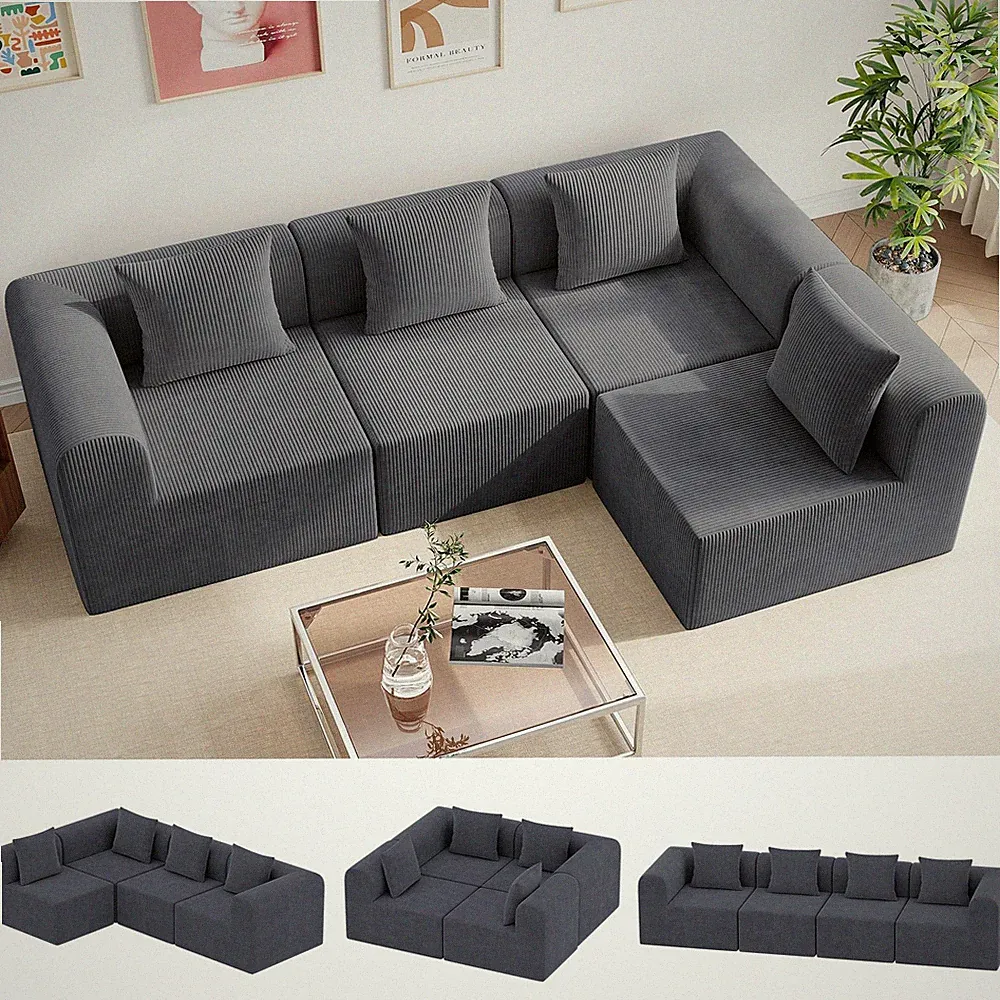 121 Modular Sectional Couch L Shape Deep Seat Memory Foam Dark Gray 4 Seats