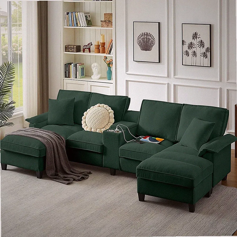 121" U-Shaped Sectional Sofa Couch with Storage Chaise Cup Holders & USB Ports