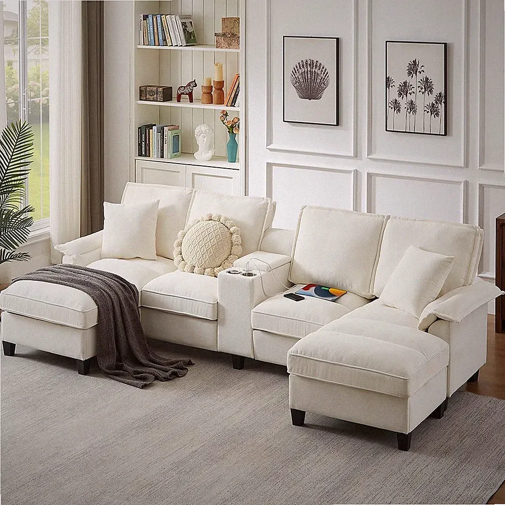 121" U-Shaped Sectional Sofa Couch with Storage Chaise Cup Holders & USB Ports