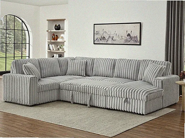 122 Inch Pull Out Couch, Rabbit plush Fabric Sofa Bed with USB Ports & Comfy U