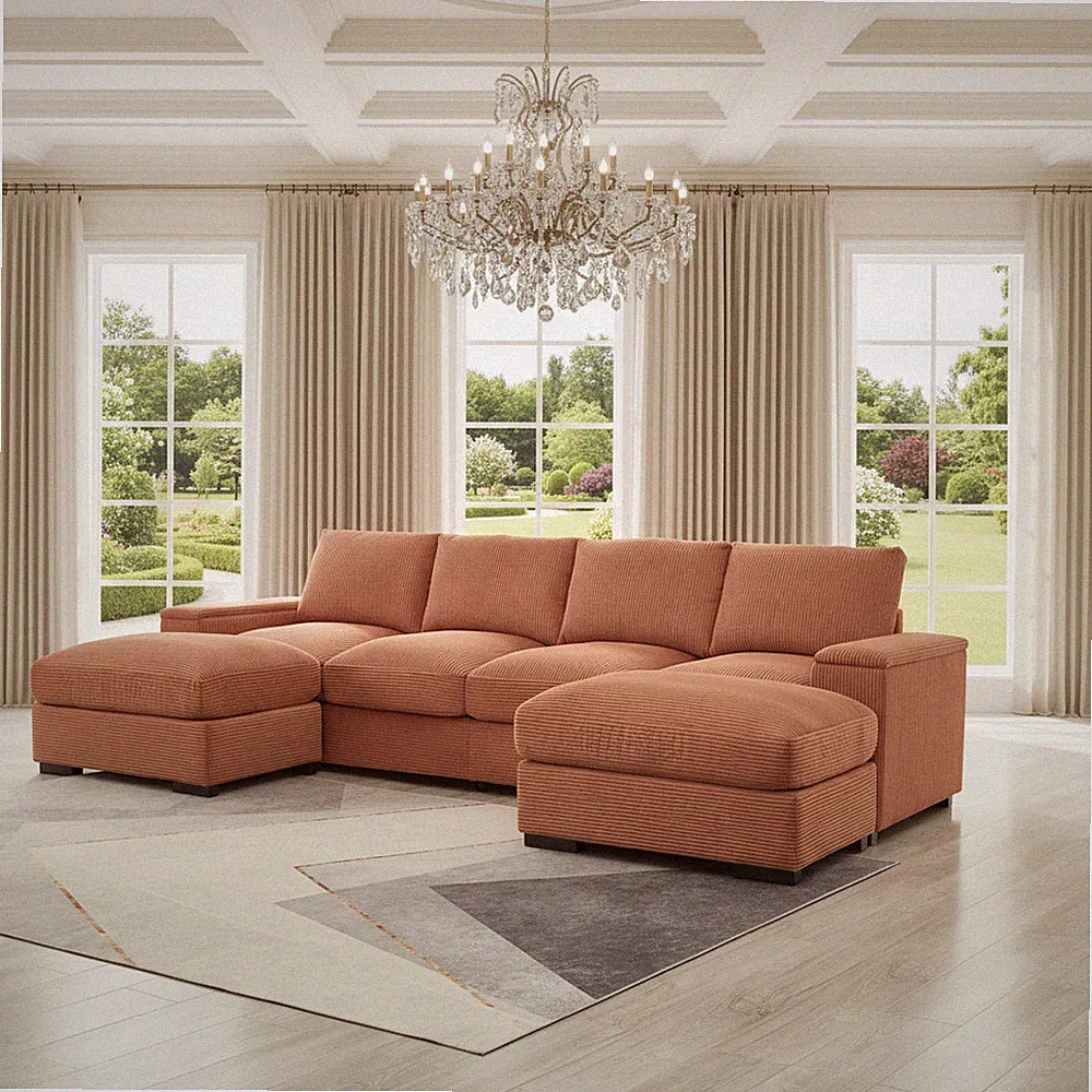122"L Sectional Sofa Deep Seat Sofa Couch with Ottomans, Corduroy Sofa Sleeper
