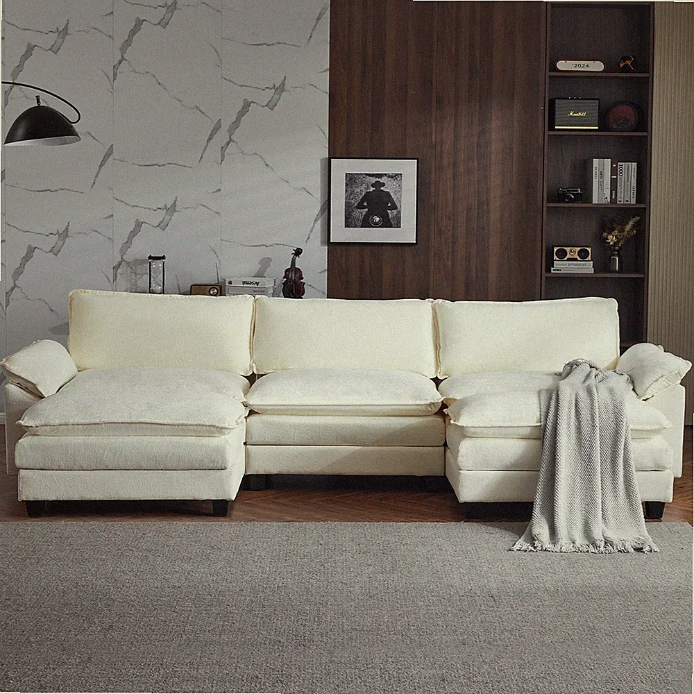 122" Sectional Sofa Couch with Double Chaise & Footstool Chenille Sleeper Set