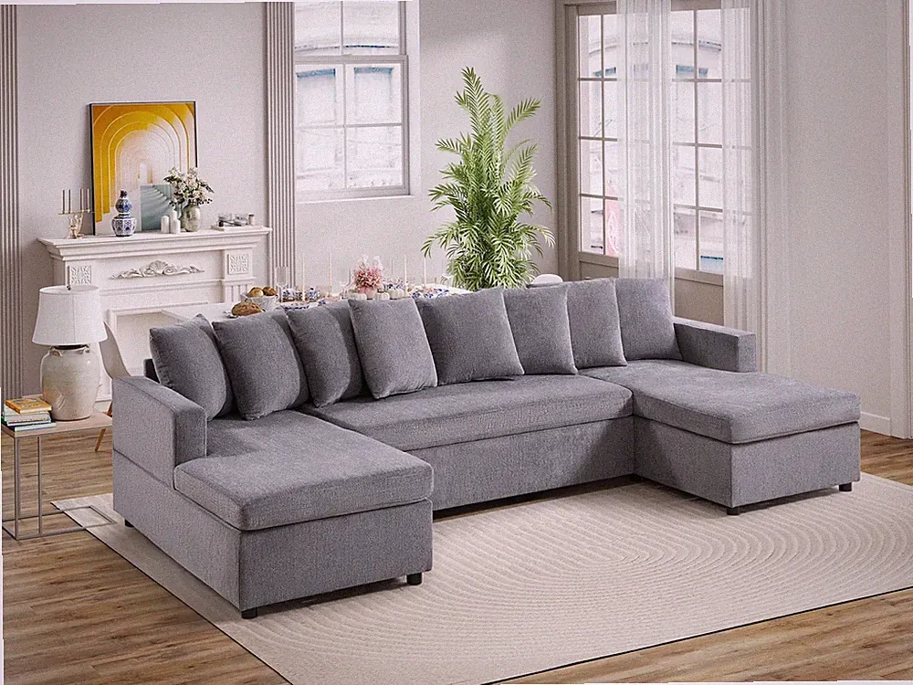 122" U-Shaped Sectional Sofa Light Gray Deep for Seat Double Chaise