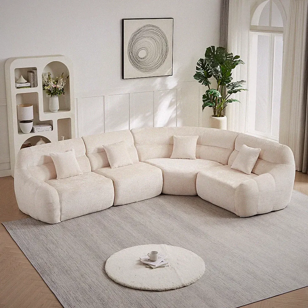 123.2" Modern Luxury Curved Corner Sectional Sofa w/ Pillows, Beige