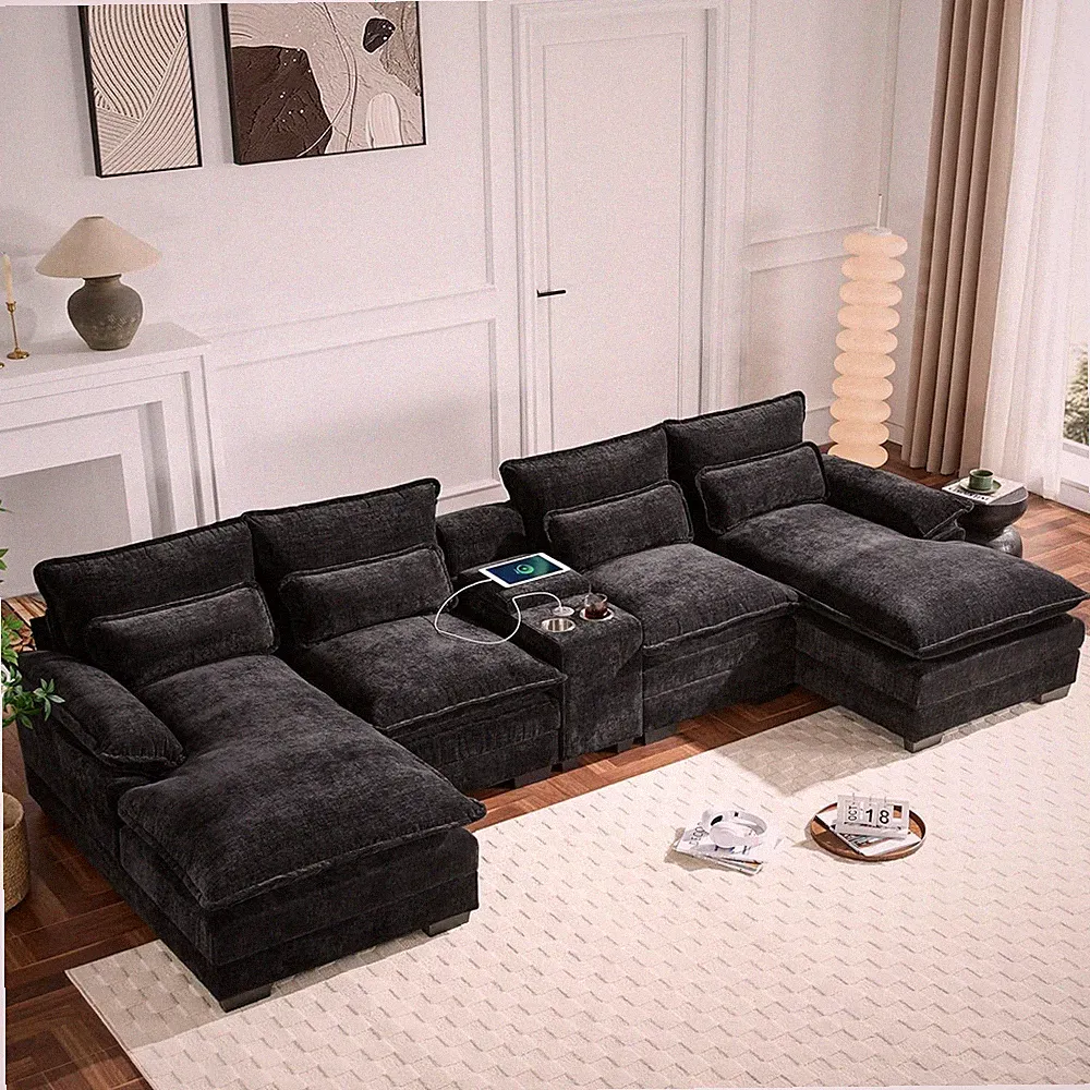 123*55"Modern U-Shaped Sectional Sofa with Console,Cup Holders and USB Charger,6