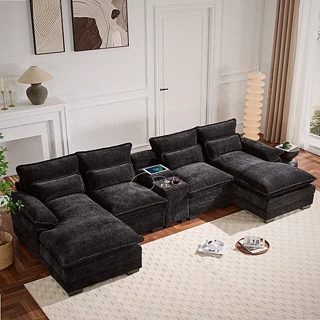 123*55"Modern U-shaped Sectional Sofa with Console,Cup Holders and USB Charger,6