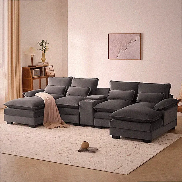 123 * 55" Modern U-Shaped Sofa with Console,Cupholders and USB Ports,6-Seat Upho