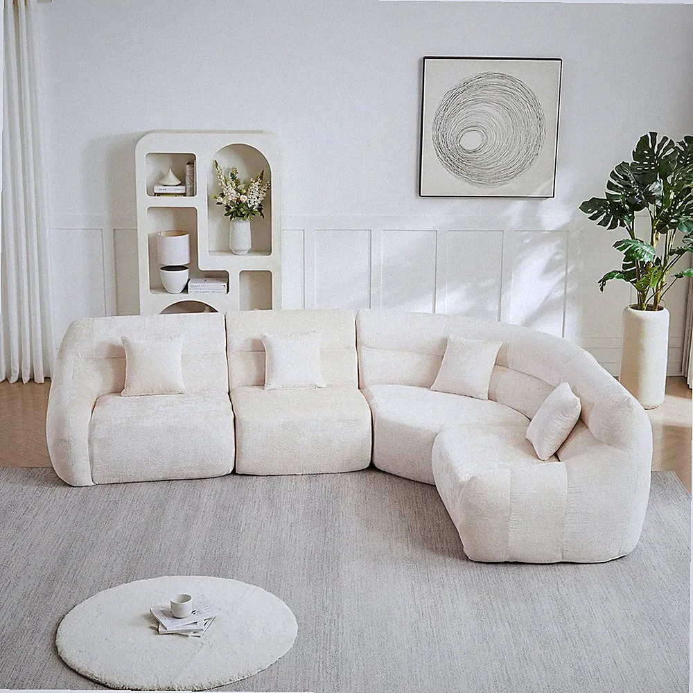 123" Curved Chenille Sectional Sofa with 4 Pillows, Beige L-Shape