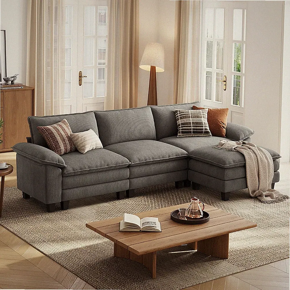 123'' Modular Sectional Sofa 3 Seat Couch Corduroy Cloud Couch with Deep Seat, M