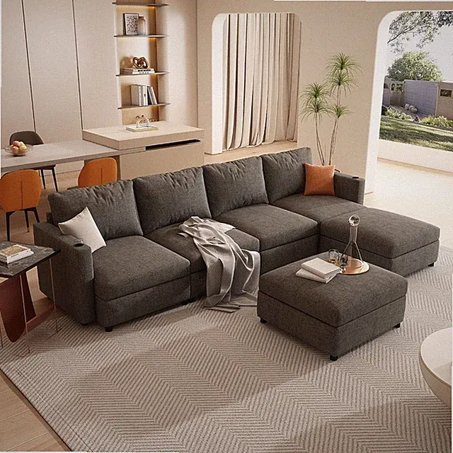 123'' Modular Sectional Sofa Couch with Storage Space & Moveable Ottoman for Liv