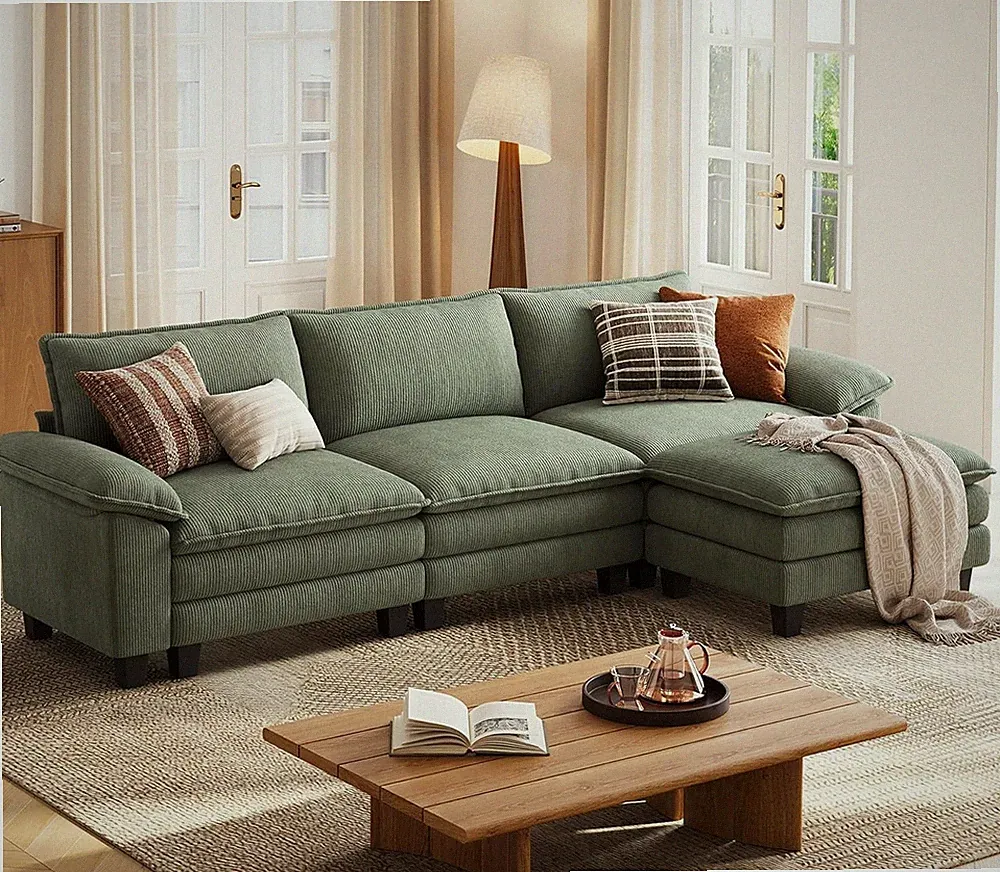 123'' Modular Sectional Sofa Green Couch Corduroy Cloud Couches for Living Room