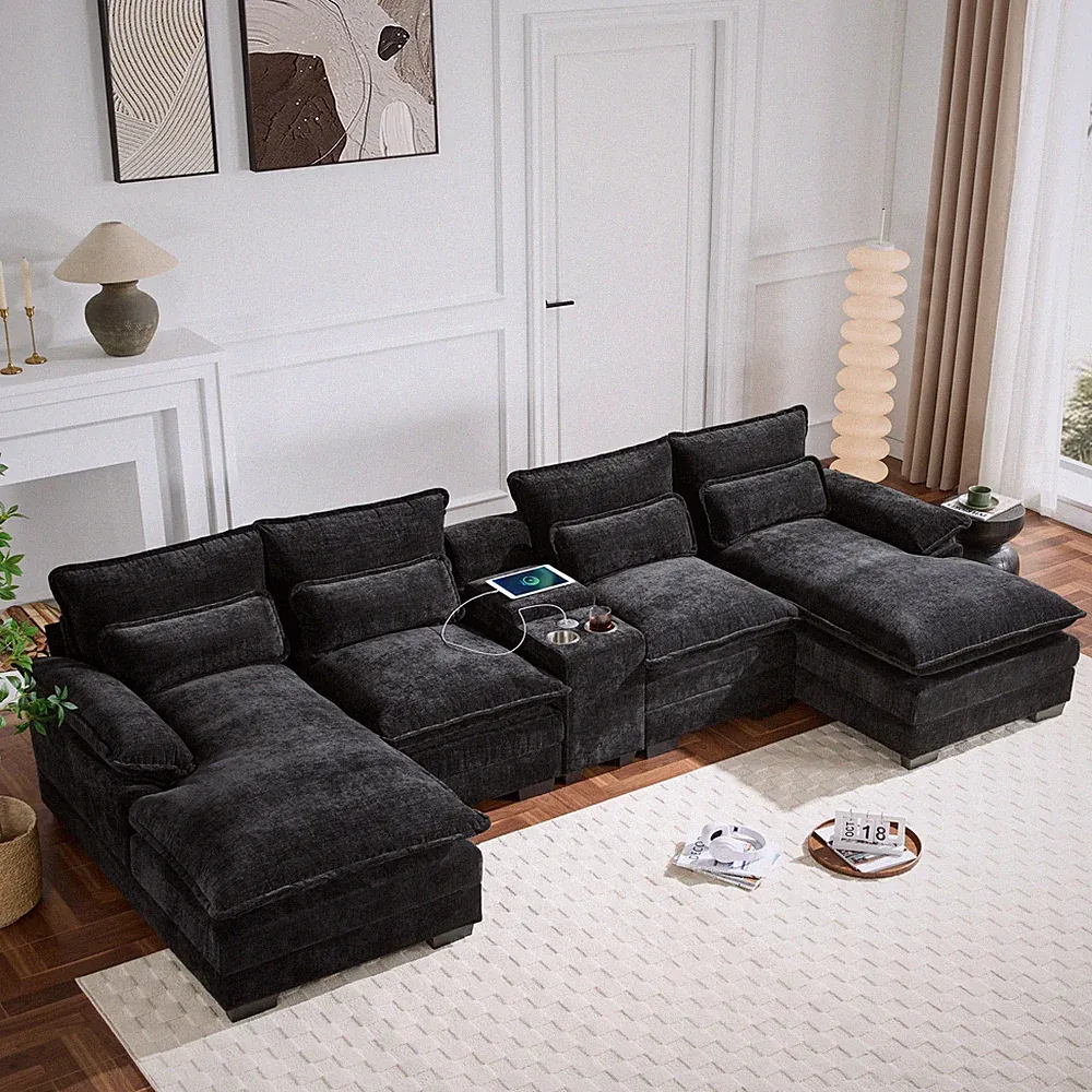 123" x 55" U-Shaped Sectional Sofa with Console, Cup Holders, USB Charger