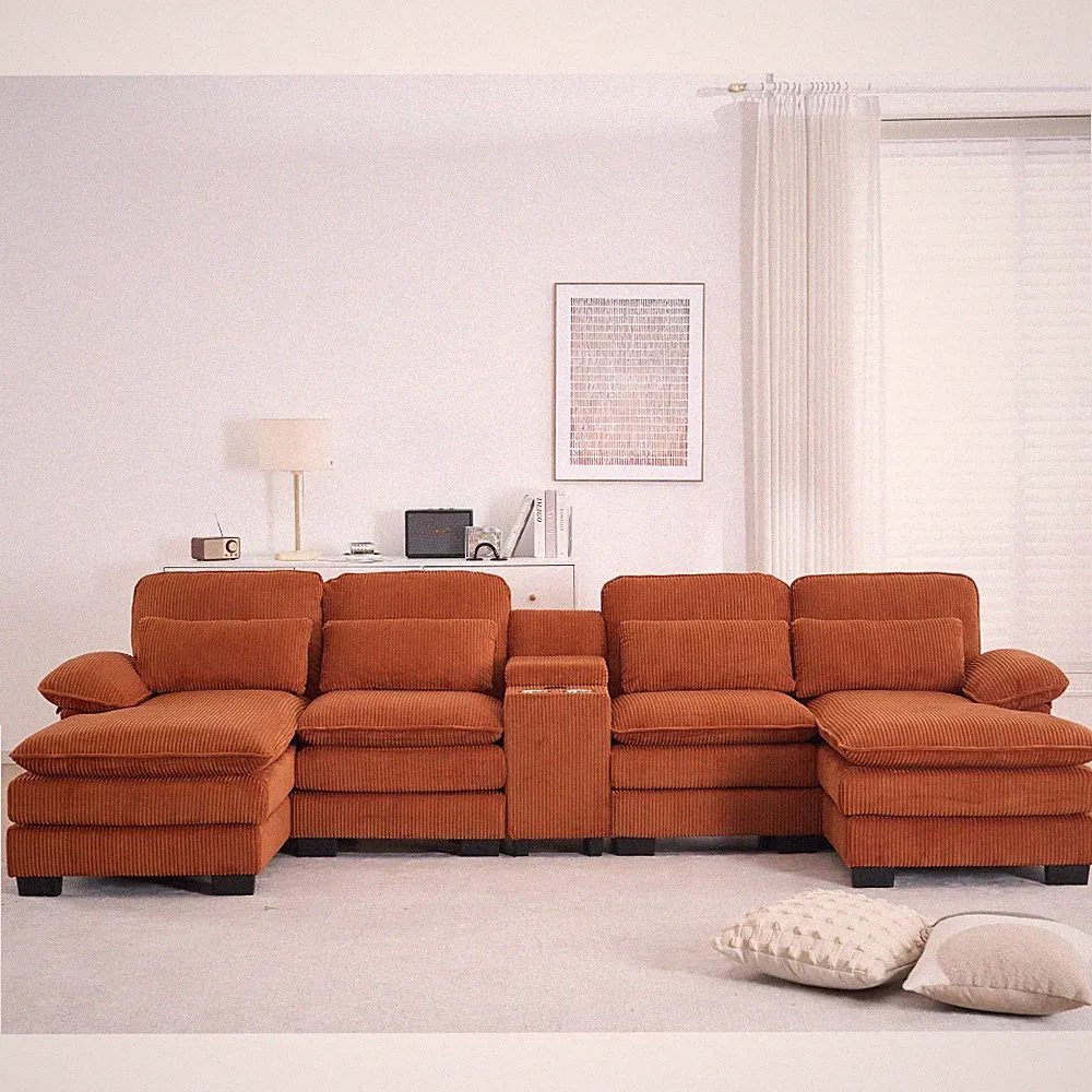 124" Black Corduroy U-Shape Sectional Sofa Cloud Couch w/ Console & Cup Holders