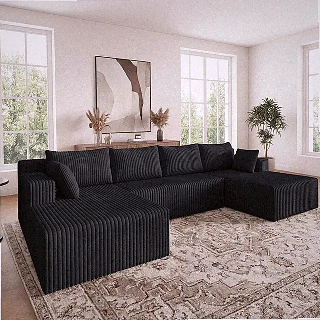 124" Black U-Shaped Sectional Sofa Corduroy Modular Couch with Chaise