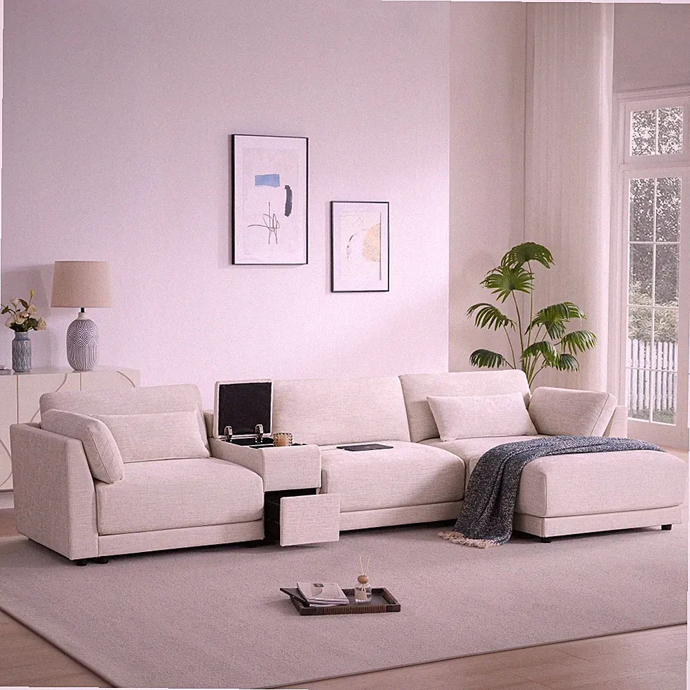 124'' L-Shaped Sectional Sofa w/ Storage Console, Charger & Ottoman