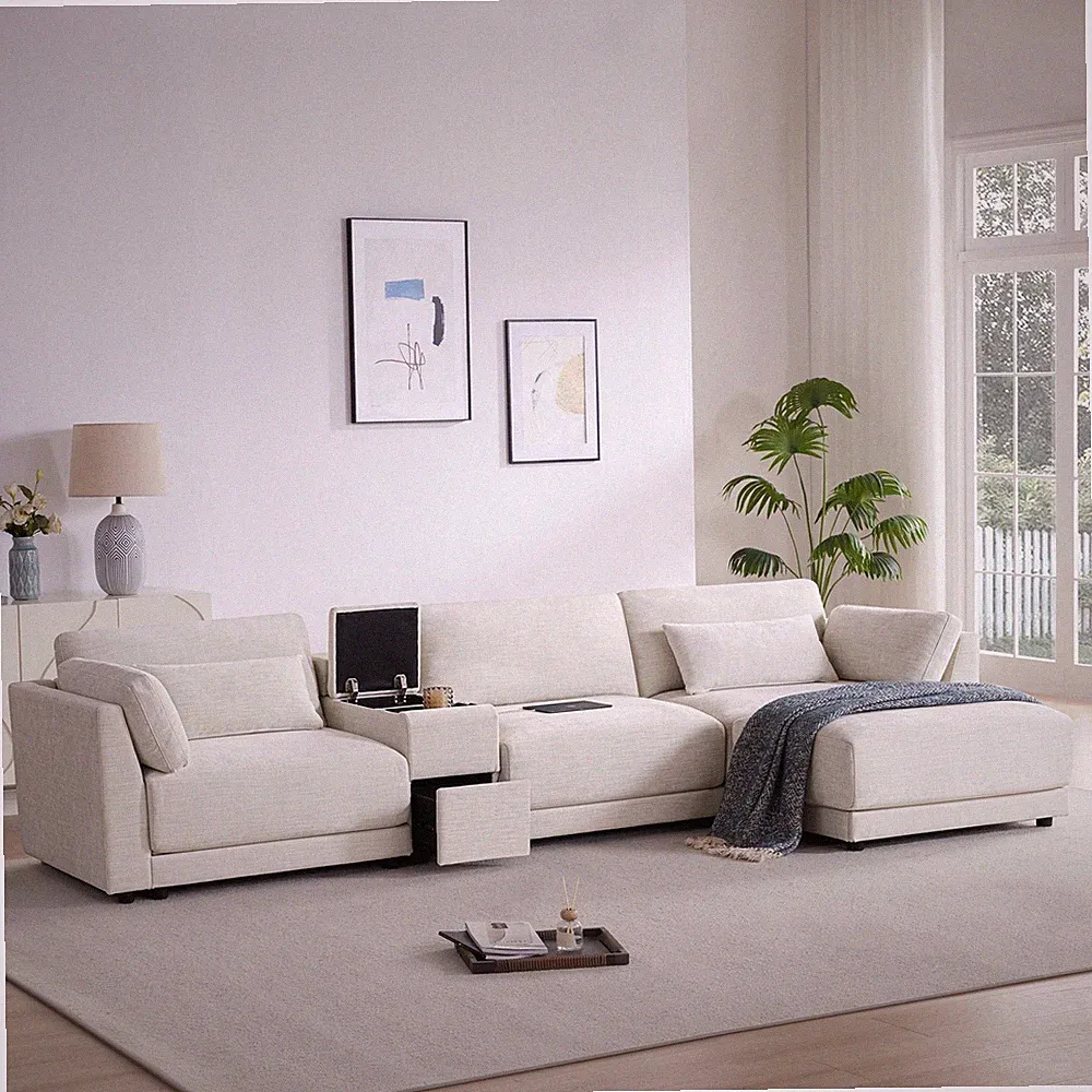 124'' L-Shaped Sectional Sofa with Multi-Functional Storage Console, Wired&Wirel