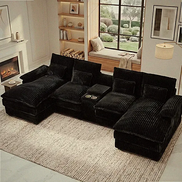 124" Modern Chenille Black Cup Holders USB Ports Sectional Memory Foam Couch