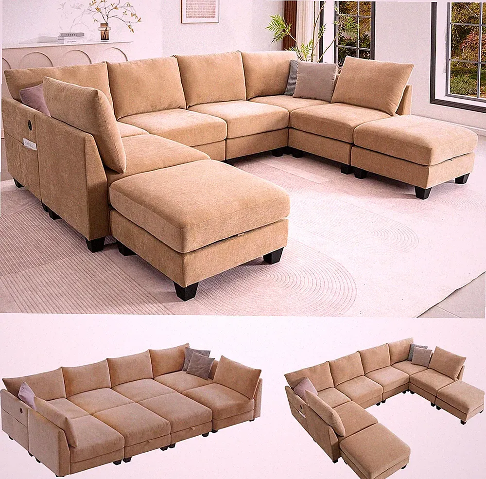 124" Sectional Couches for Living Room,U-Shaped Sofa, Camel